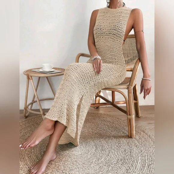 NEW Chic Crochet Knit Bodycon Maxi Swim Cover Up Dress Khaki Tan Beige